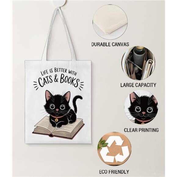 Cute Cat Canvas Tote Bag Aesthetic Reusable Shoulder Bag for Cat Lovers - Picture 3 of 5